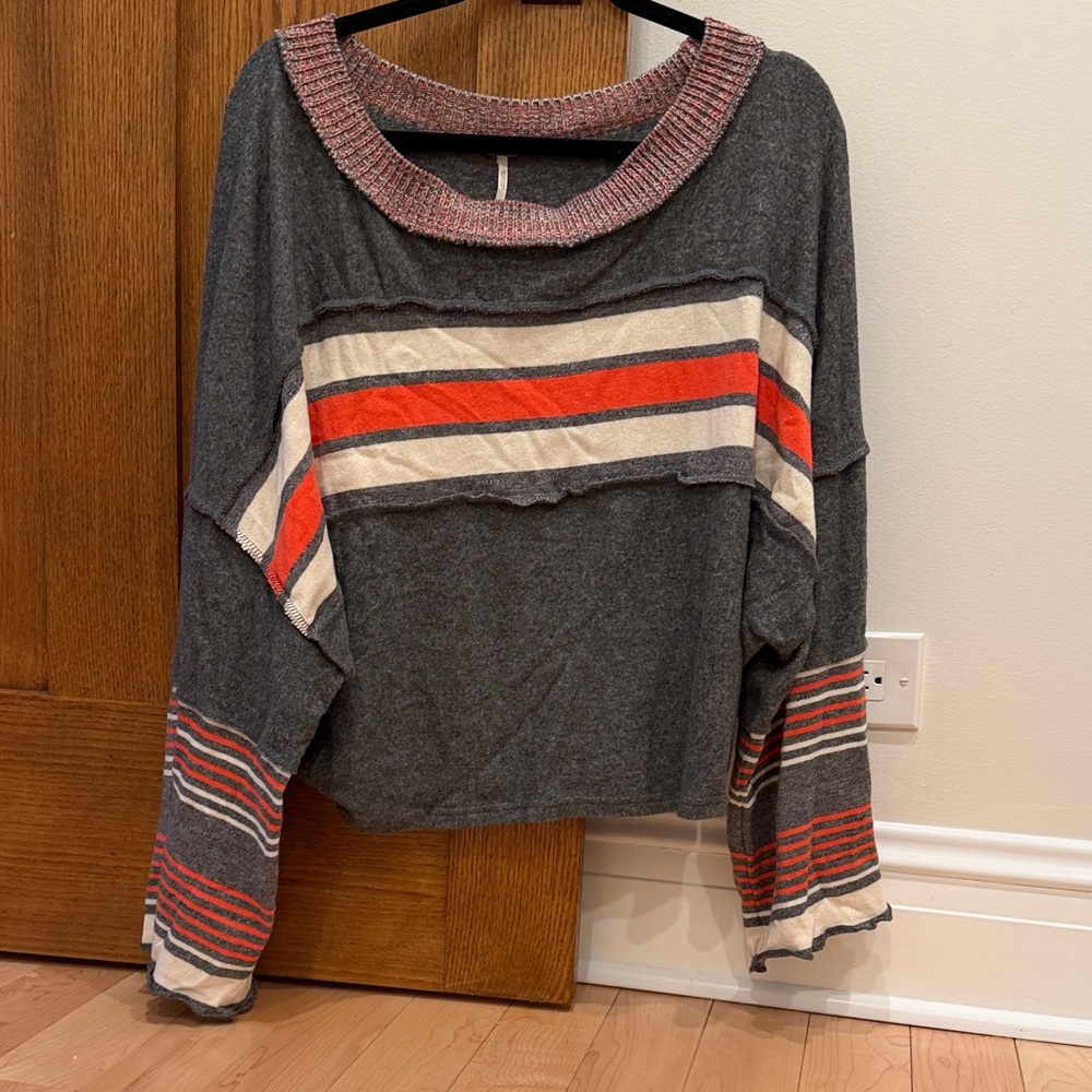 Free People Charcoal and Red Striped Long light Sweater Top